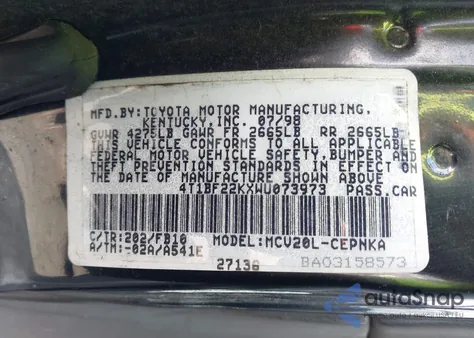 1998 Toyota Camry Le V6 из США, поврежденный, VIN 4T1BF22KXWU073973